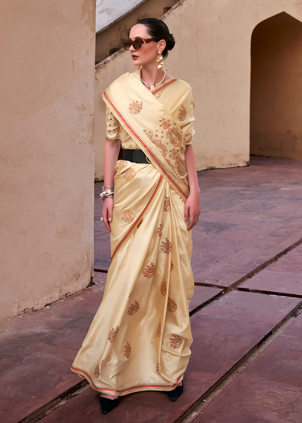 Buttermilk Beige Pure Satin Zari Weaving Wedding Festive Saree - Image 3