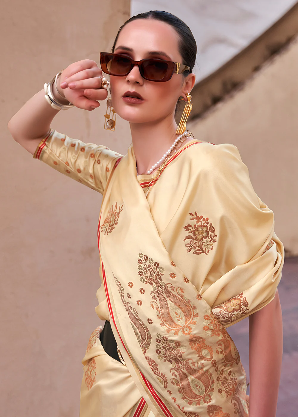 Buttermilk Beige Pure Satin Zari Weaving Wedding Festive Saree - Image 4
