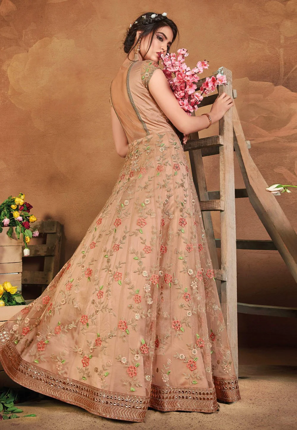 Flawless Beige Net Embroidered Floor Length Anarkali Suit - Image 3