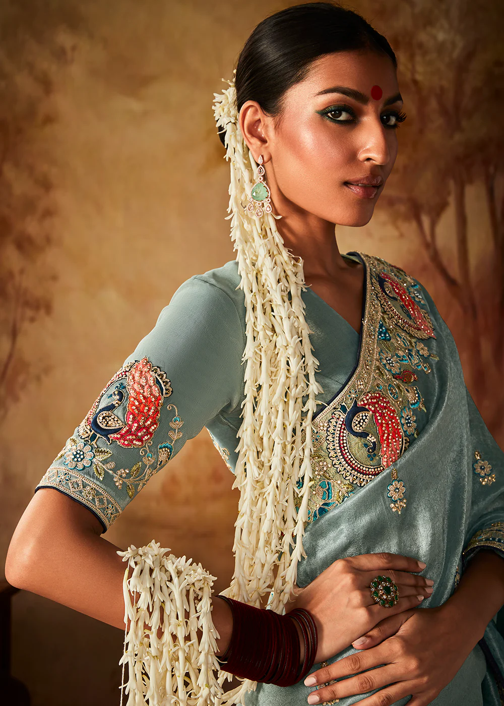 Cadet Blue Wedding Wear Embroidered Kanjivaram Silk Saree - Image 2