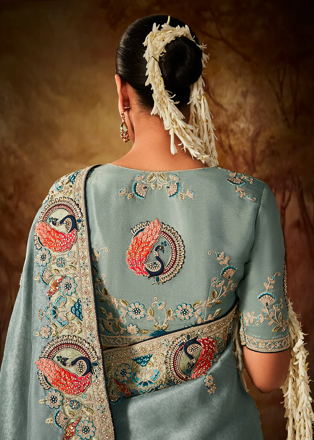 Cadet Blue Wedding Wear Embroidered Kanjivaram Silk Saree - Image 3