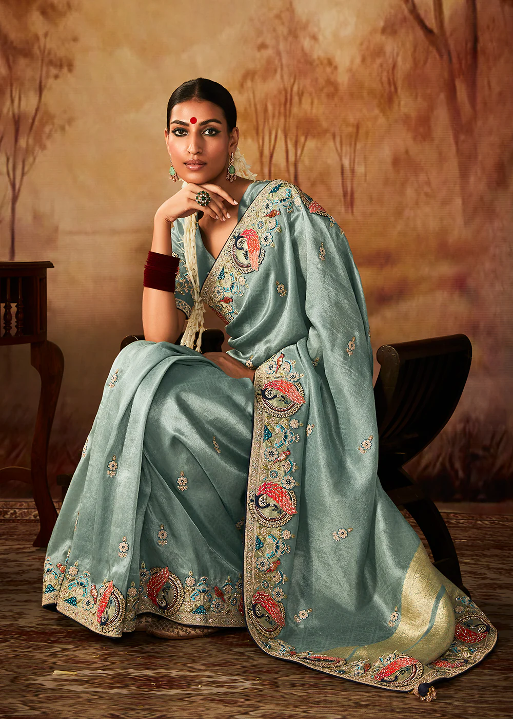 Cadet Blue Wedding Wear Embroidered Kanjivaram Silk Saree - Image 4