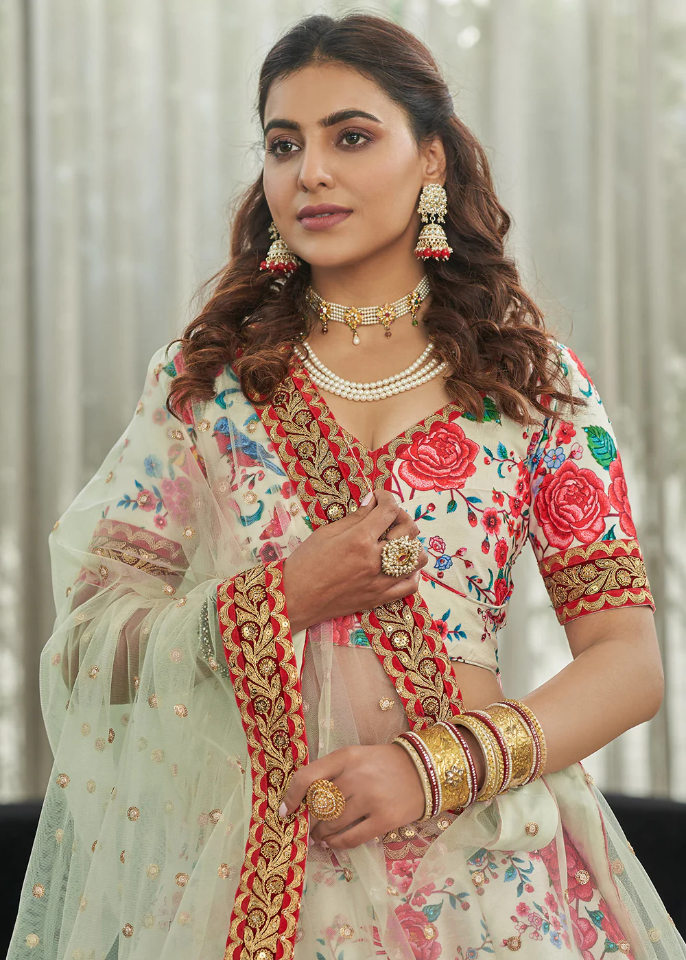 Capricious Off-White Art Silk Floral Printed Lehenga Choli - Image 2
