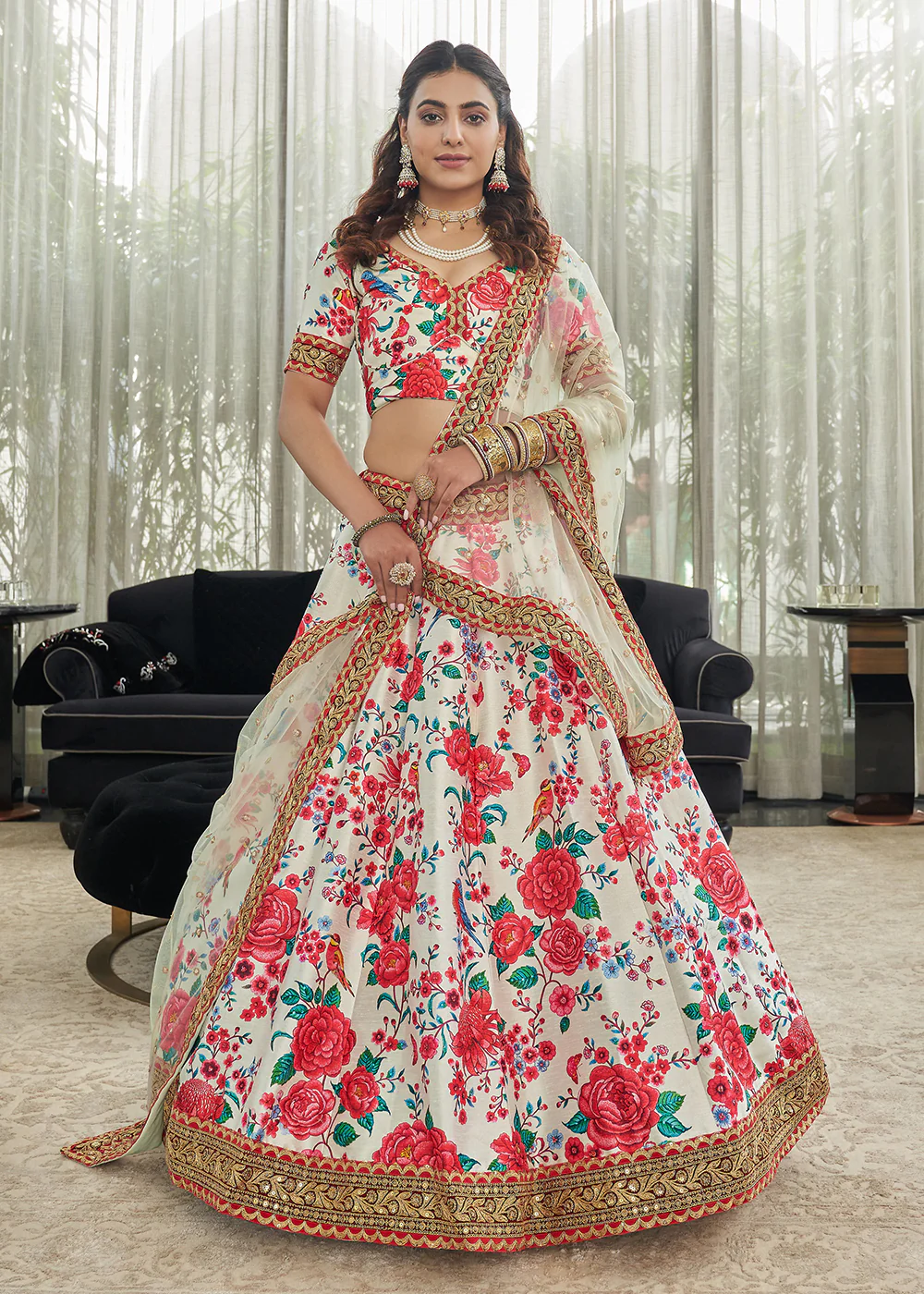 Capricious Off-White Art Silk Floral Printed Lehenga Choli - Image 3