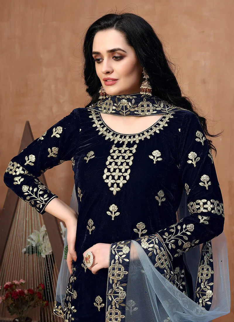 Captivating Blue Embroidered Designer Velvet Patiala Suit - Image 2