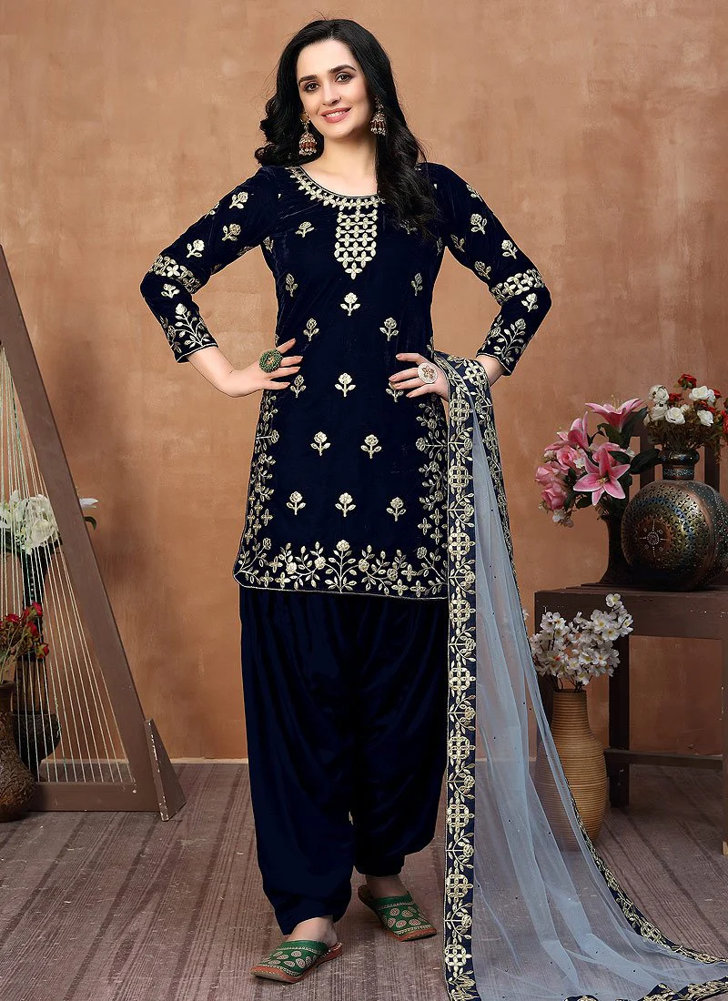 Captivating Blue Embroidered Designer Velvet Patiala Suit - Image 3