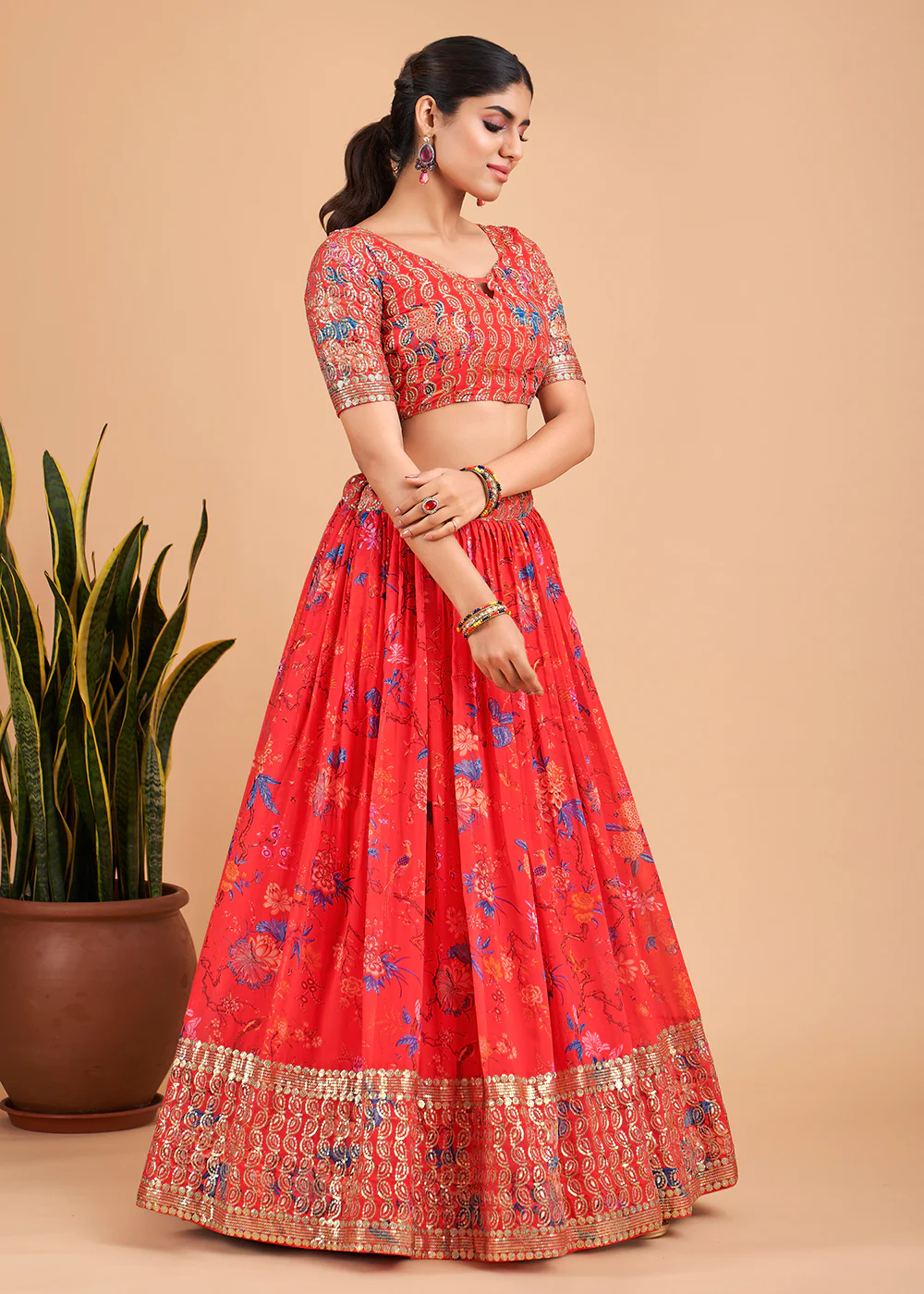 Captivating Bright Red Floral Printed Georgette Lehenga Choli - Image 4