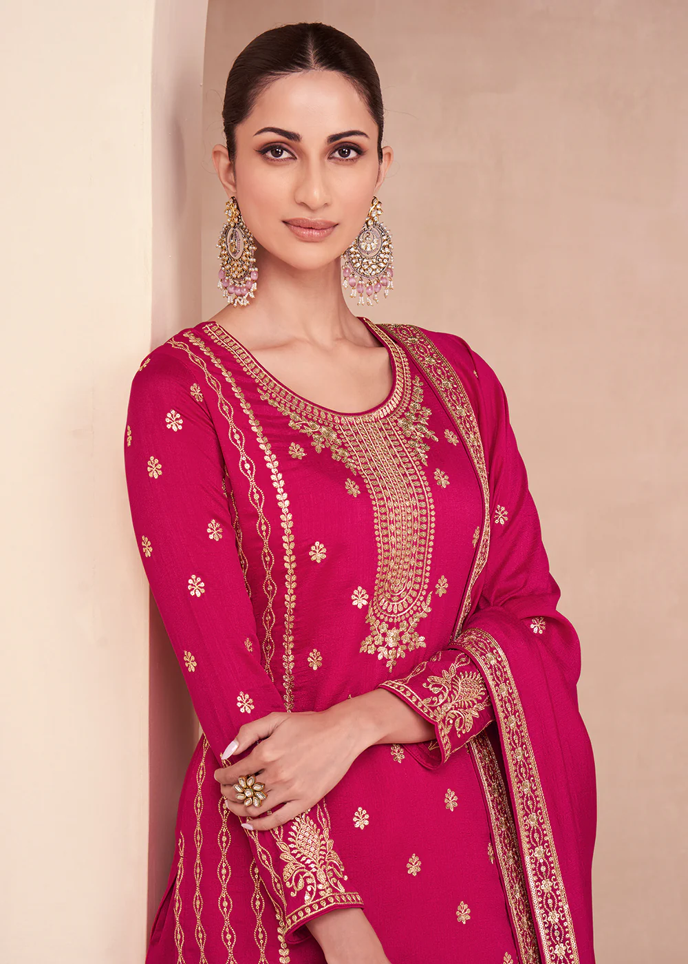 Captivating Hot Pink Zari Embroidered Palazzo Salwar Suit - Image 2
