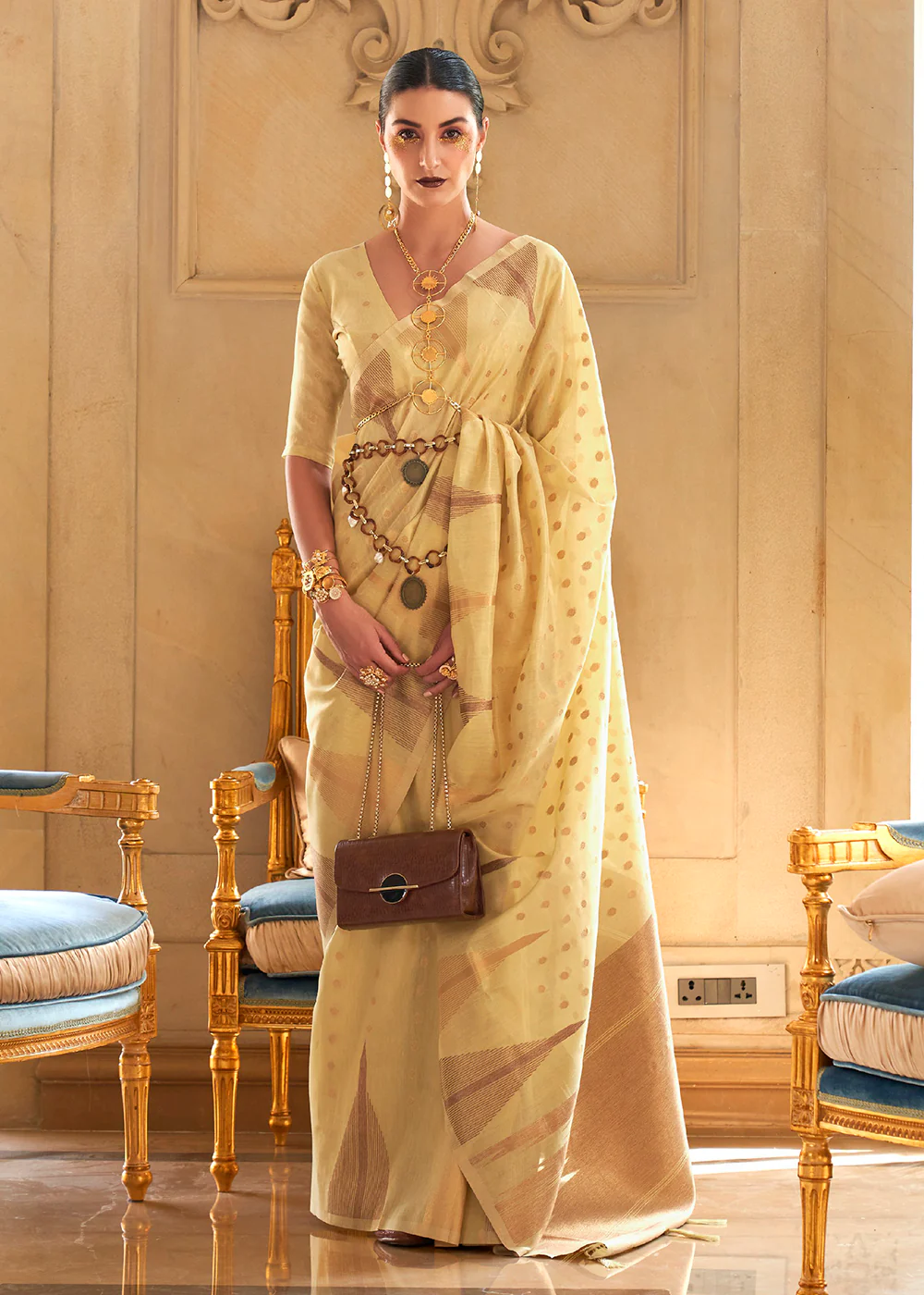 Captivating Light-Yellow Tissue Zari Weaving Bollywood Saree