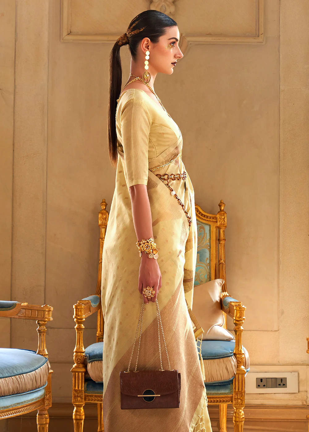 Captivating Light-Yellow Tissue Zari Weaving Bollywood Saree - Image 2