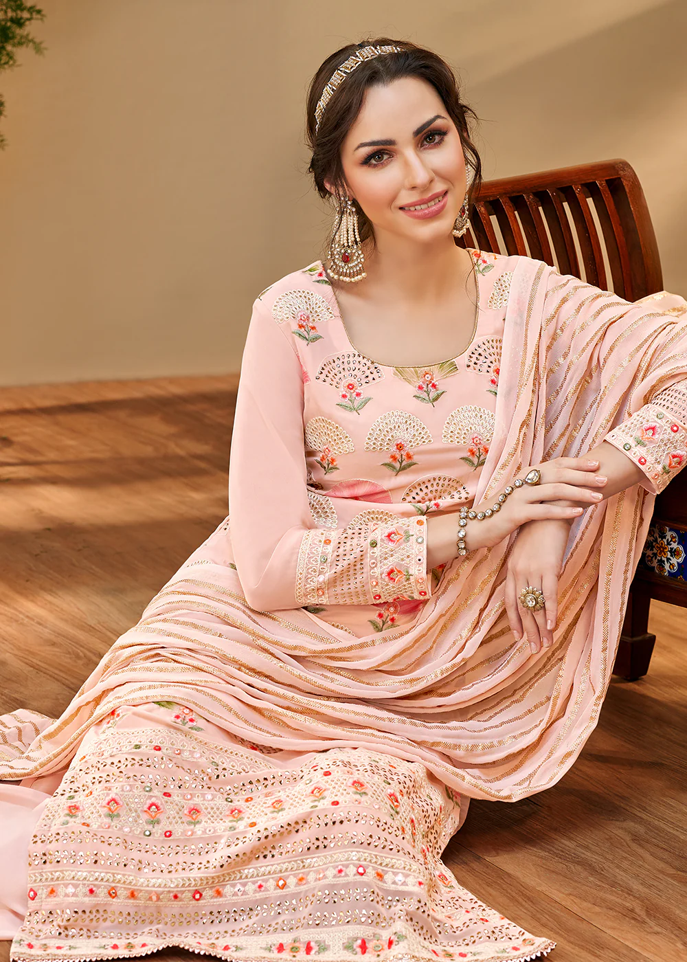 Captivating Peach Georgette Embroidered Salwar Kurta Set - Image 3