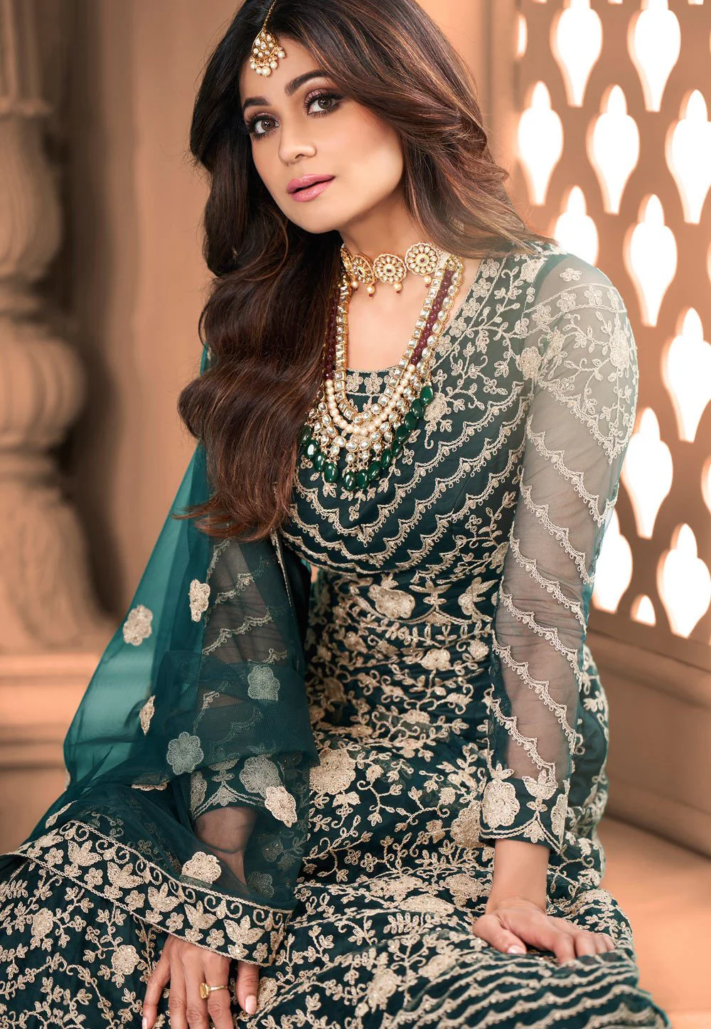 Captivating Teal Shamita Shetty Net Floor Length Anarkali Suit - Image 2