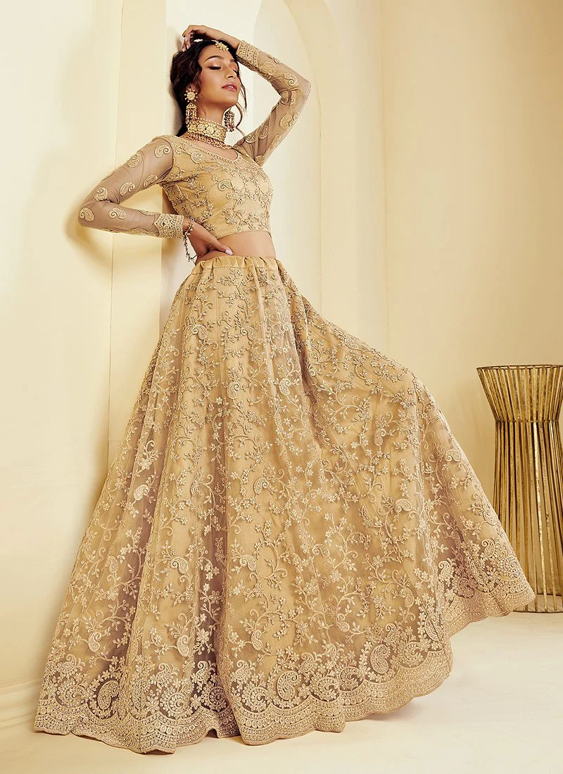 Caramel Beige Coding Embroidered Wedding Lehenga Choli - Image 3