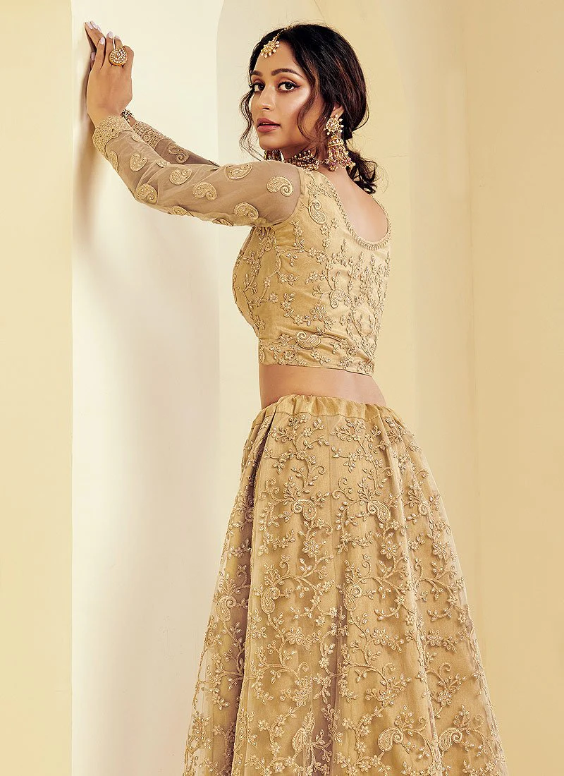 Caramel Beige Coding Embroidered Wedding Lehenga Choli - Image 4
