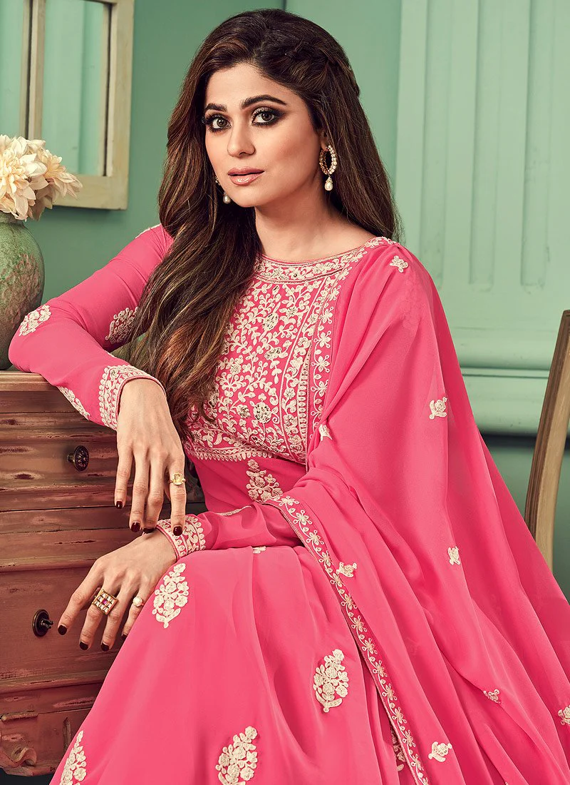 Carmine Pink Heavy Embroidered Suit Featuring Shamita Shetty - Image 2