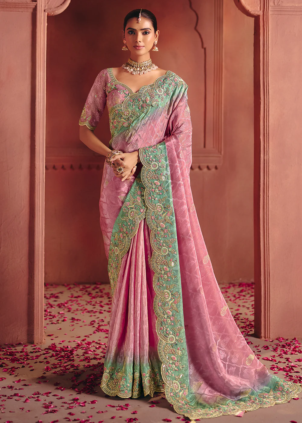 Carnation Pink Designer Style Embroidered Wedding Saree