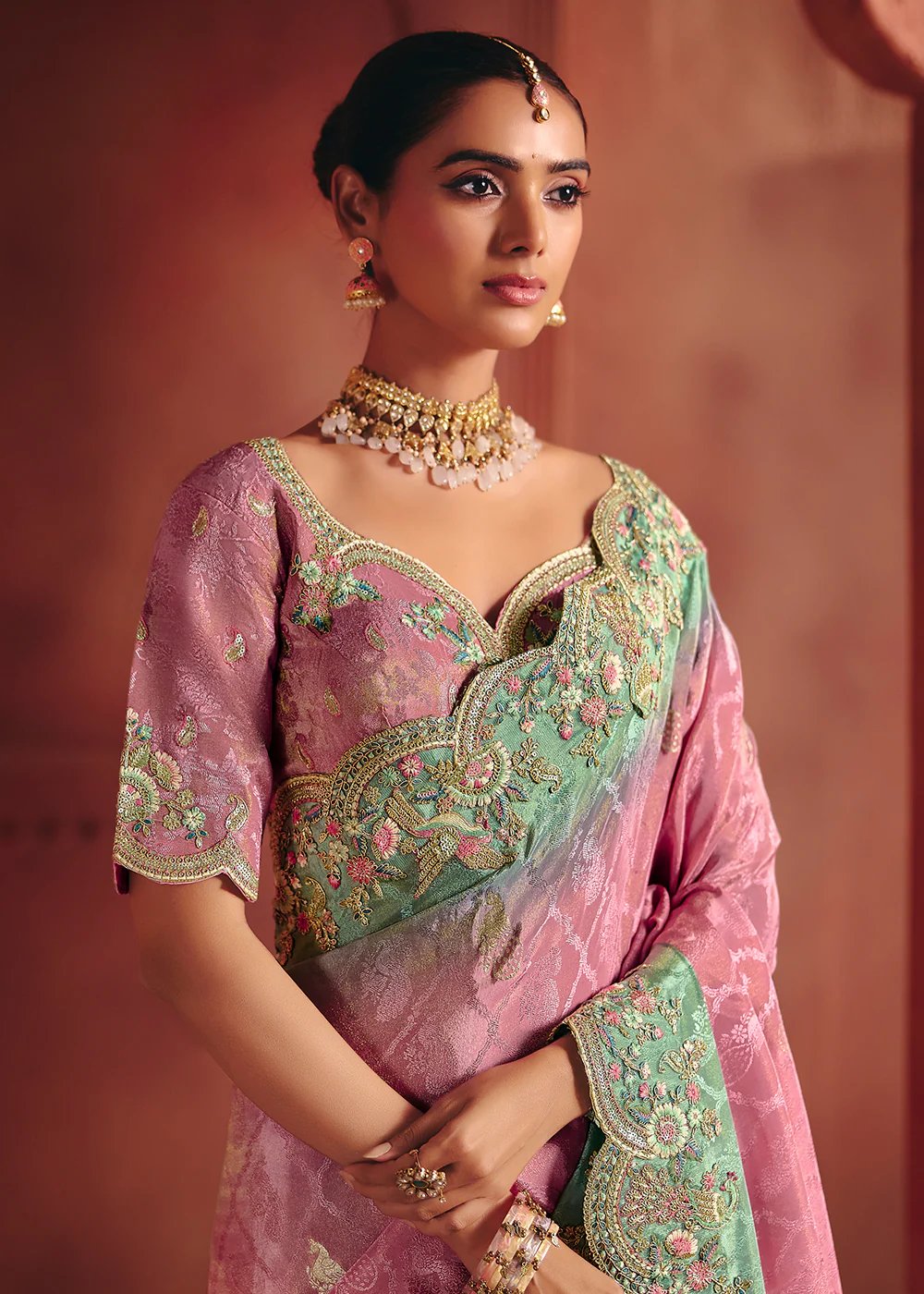 Carnation Pink Designer Style Embroidered Wedding Saree - Image 2