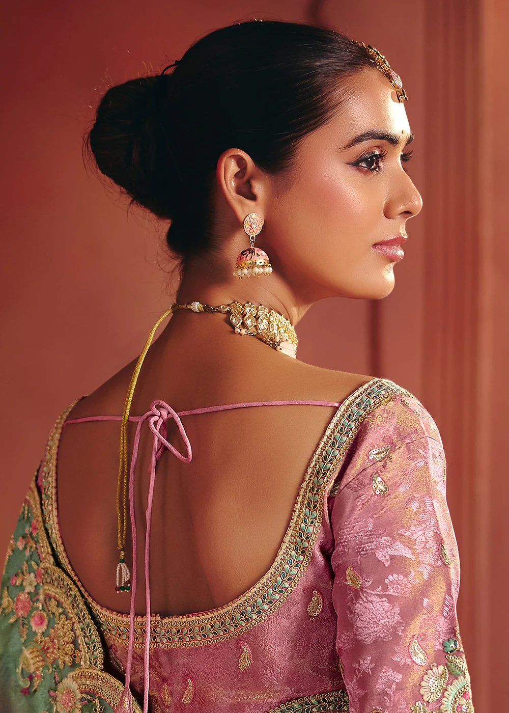 Carnation Pink Designer Style Embroidered Wedding Saree - Image 3