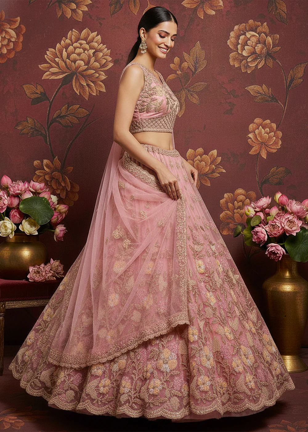 Carnation Pink Heavy Net Bridal Wear Lehenga Choli - Image 4