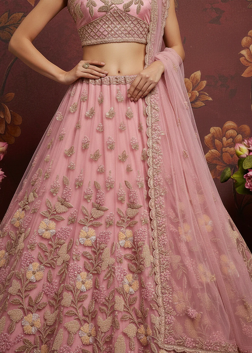 Carnation Pink Heavy Net Bridal Wear Lehenga Choli - Image 5