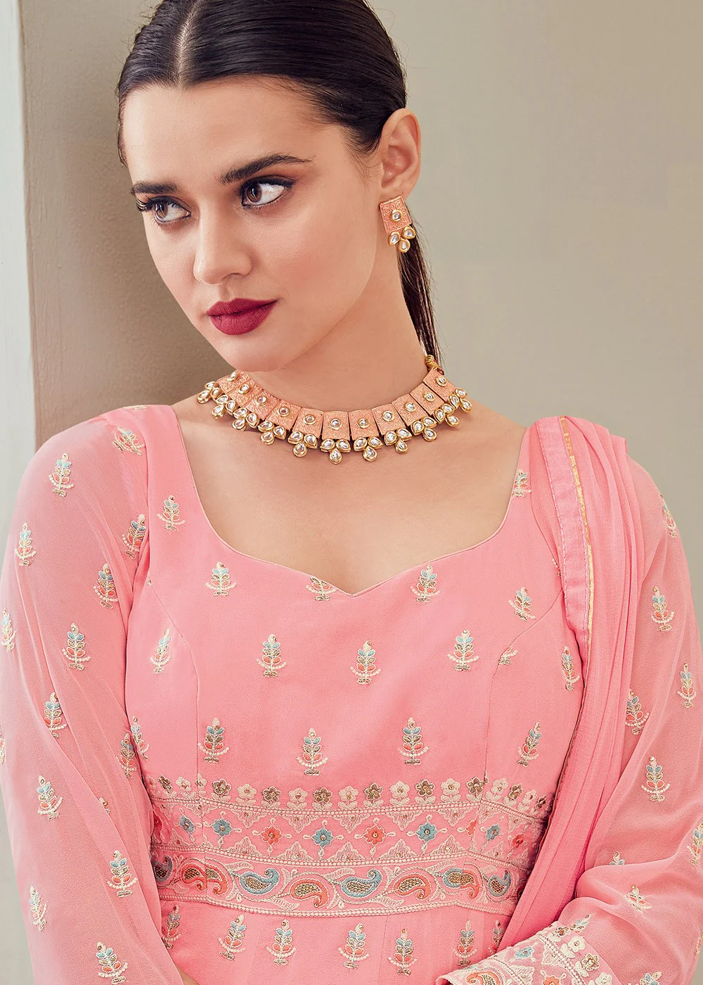 Carnation Pink Multi Thread Embroidered Anarkali Suit - Image 2