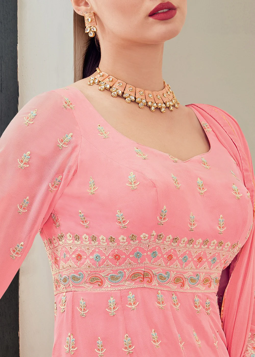 Carnation Pink Multi Thread Embroidered Anarkali Suit - Image 3