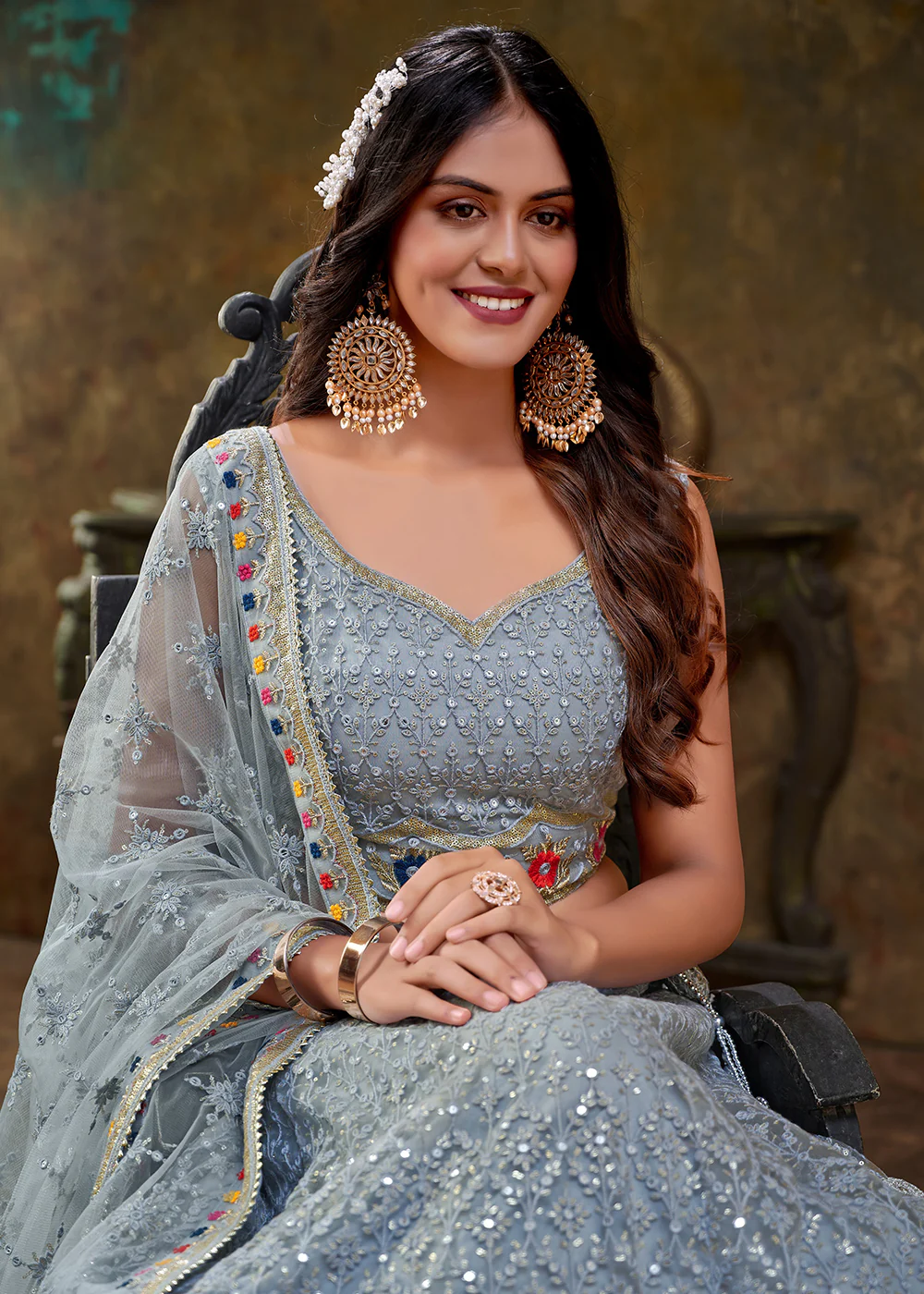 Carolina Blue Premium Net Sequins Wedding Lehenga Choli - Image 2