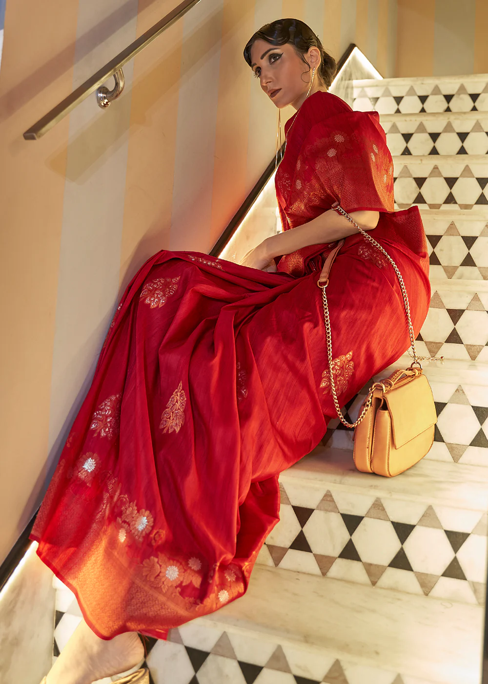 Carrot Red Tussar Banarasi Silk Designer Saree - Image 2