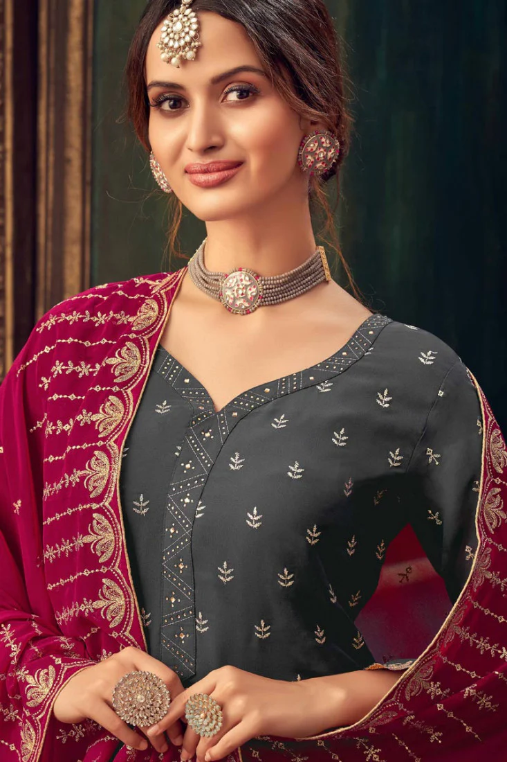 Charcoal Grey Faux Georgette Pakistani Sharara Suit - Image 2