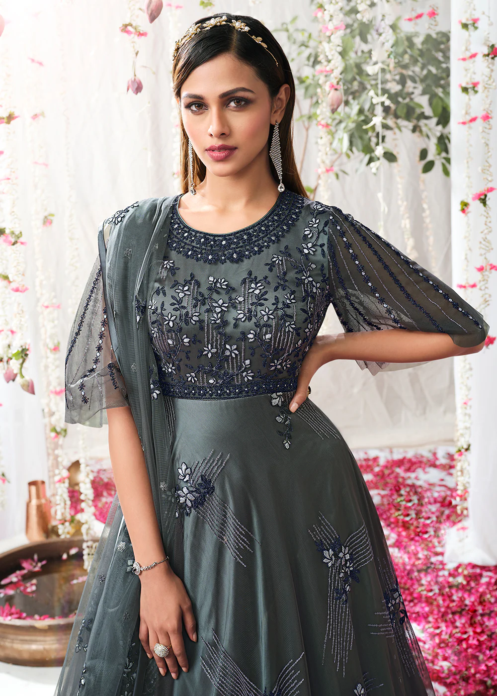 Charcoal Grey Wedding Festive Floor Length Anarkali Suit - Image 2