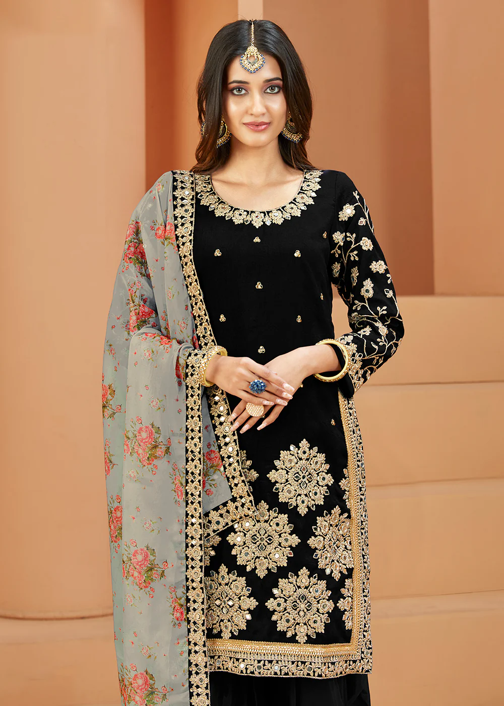 Charming Art Silk Black Mirror Embroidered Patiala Salwar Kameez - Image 2