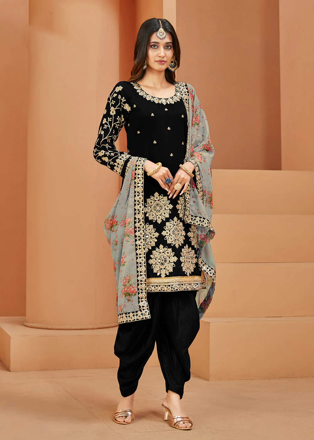 Charming Art Silk Black Mirror Embroidered Patiala Salwar Kameez - Image 3