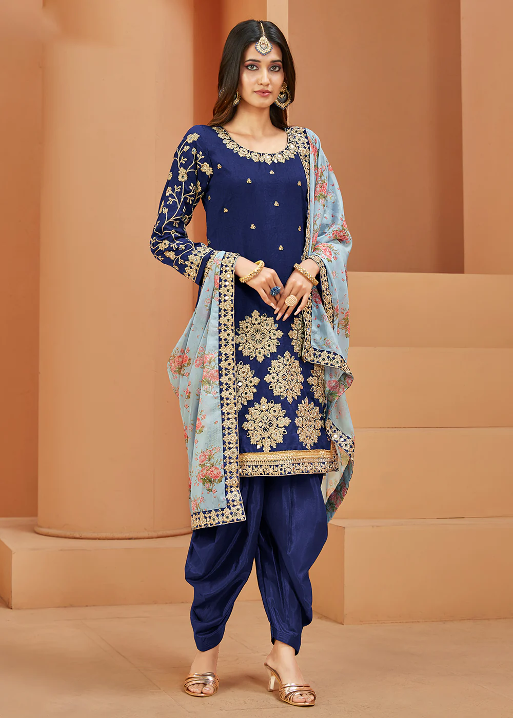 Charming Art Silk Blue Mirror Embroidered Patiala Salwar Kameez - Image 3