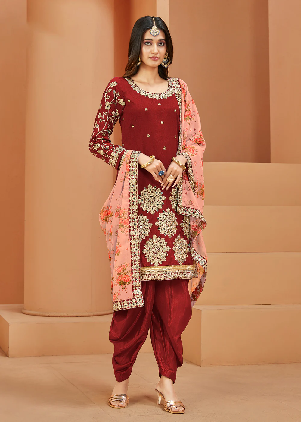 Charming Art Silk Red Mirror Embroidered Patiala Salwar Kameez - Image 3