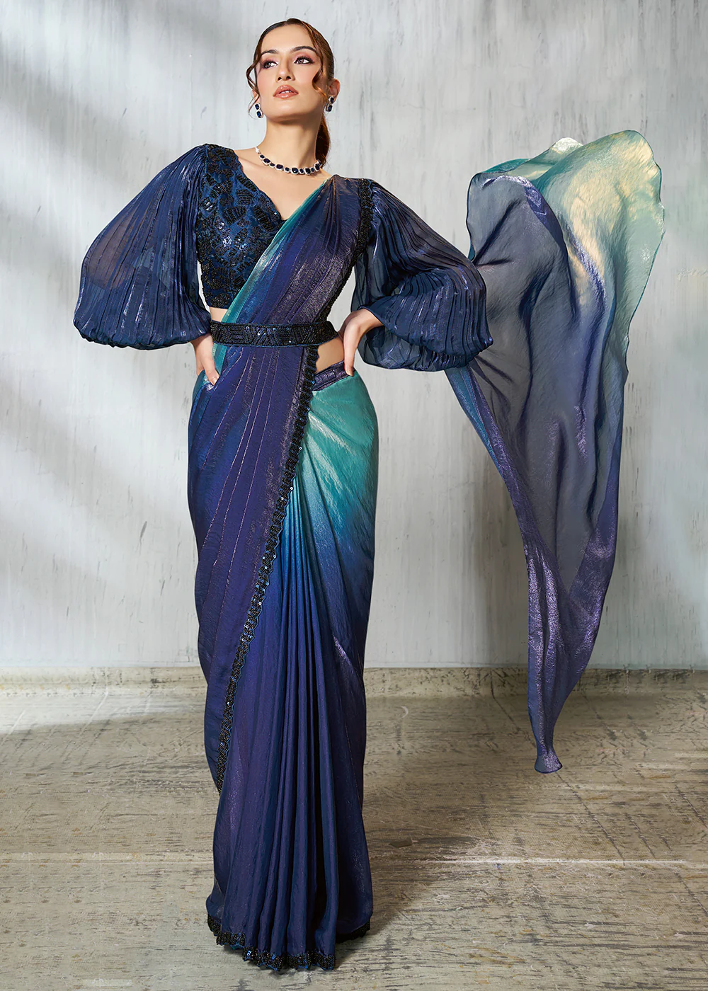Charming Blue Designer Embroidered Party Wear Saree