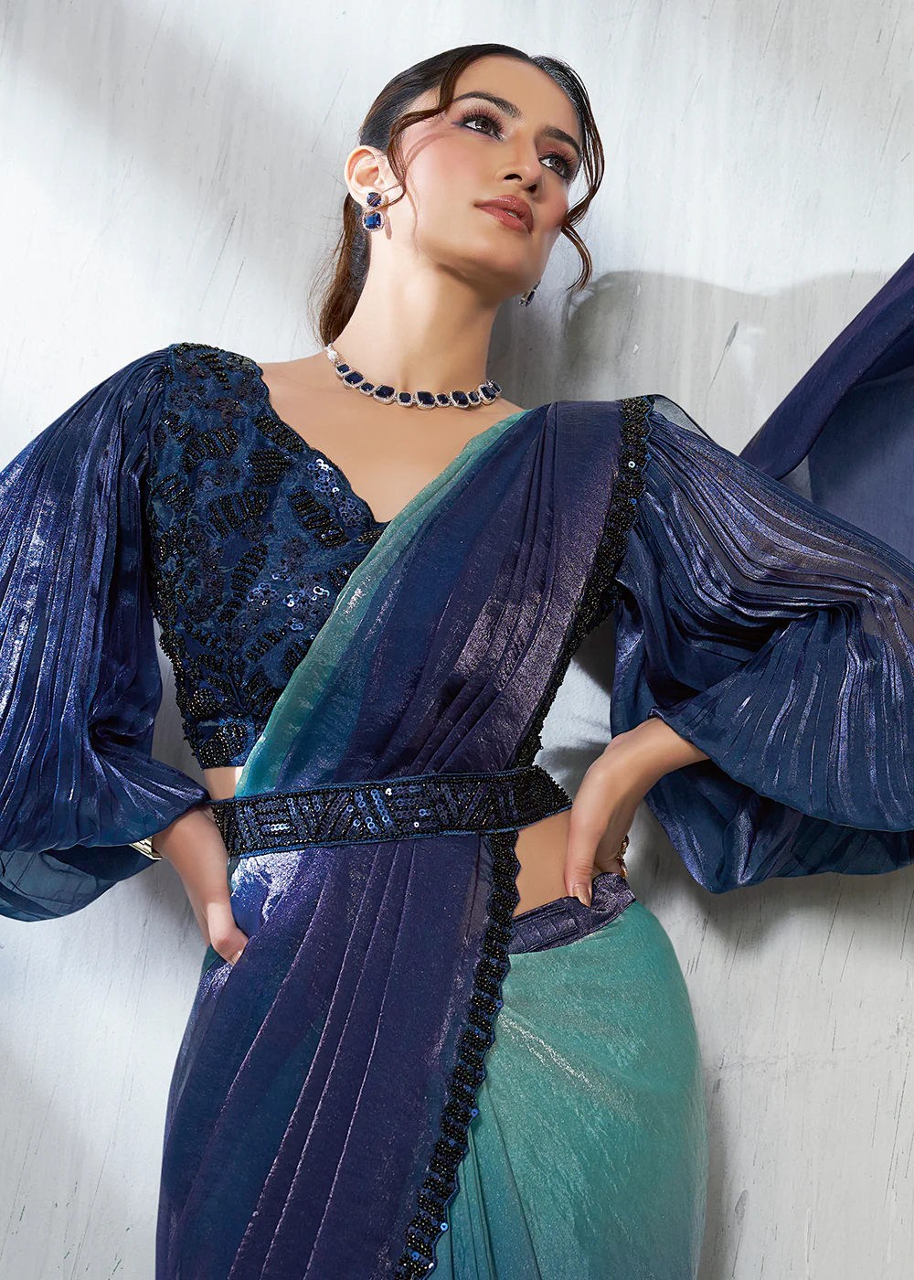 Charming Blue Designer Embroidered Party Wear Saree - Image 3