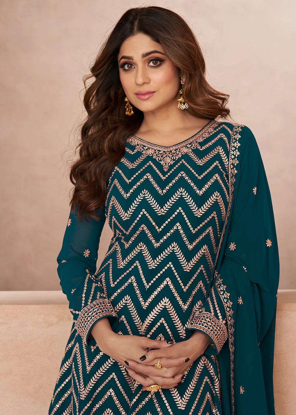 Charming Festive Look Teal Georgette Palazzo Style Suit - Image 2