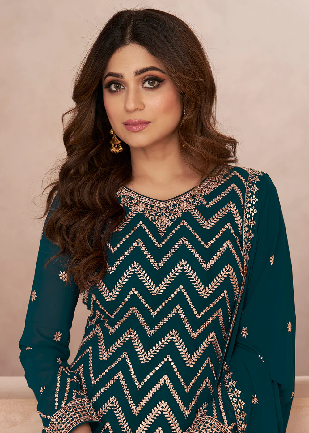 Charming Festive Look Teal Georgette Palazzo Style Suit - Image 3