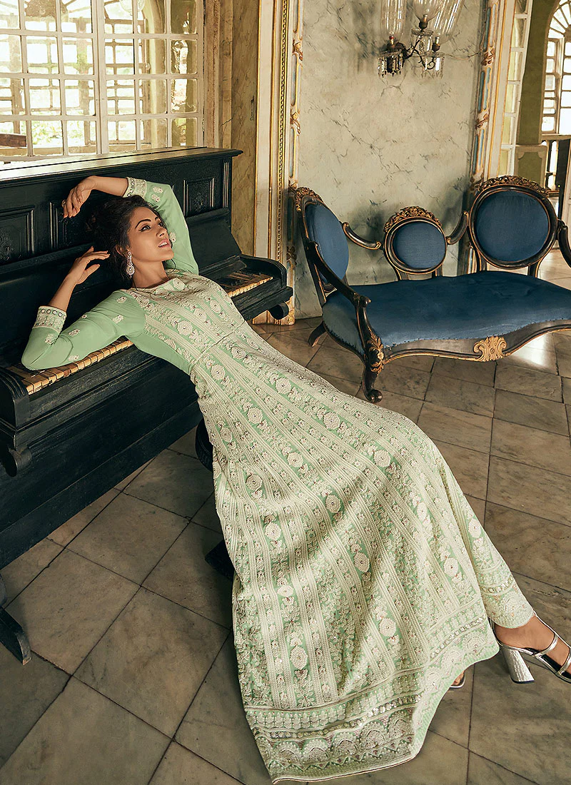 Charming Green Georgette Chikankari Embroidered Anarkali - Image 3