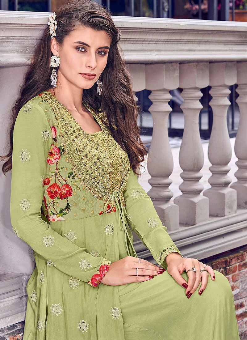 Charming Green Muslin Embroidered Jacket Style Anarkali - Image 2