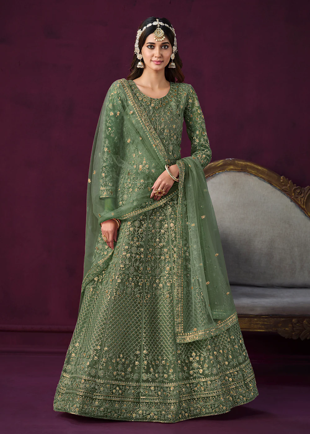 Charming Green Embroidered Net Floor Length Anarkali Suit