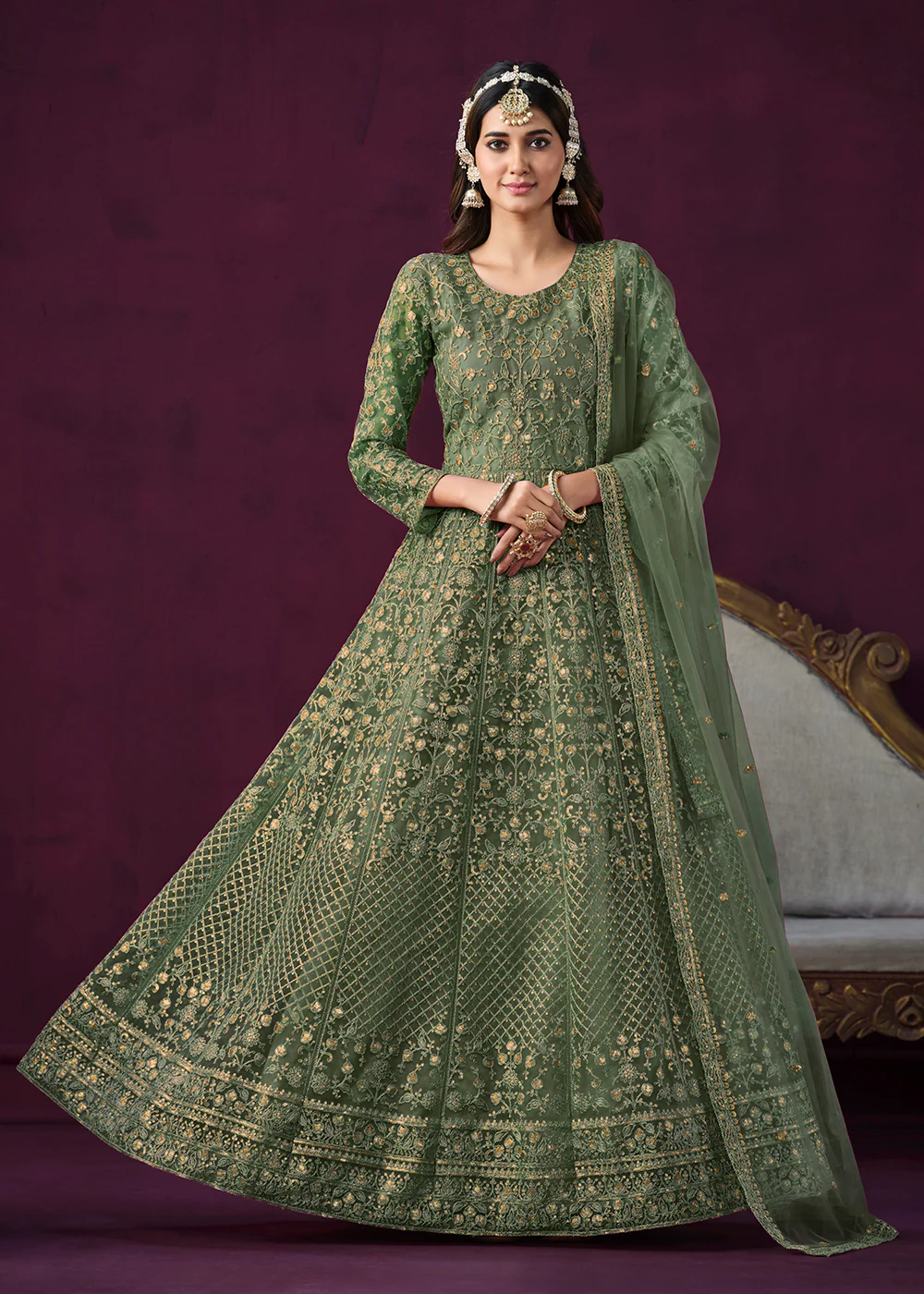 Charming Green Embroidered Net Floor Length Anarkali Suit - Image 4