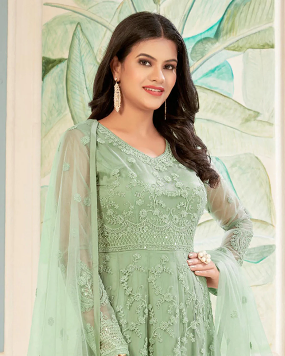Charming Green Sequins Embroidered Wedding Wear Anarkali Suit - Image 2