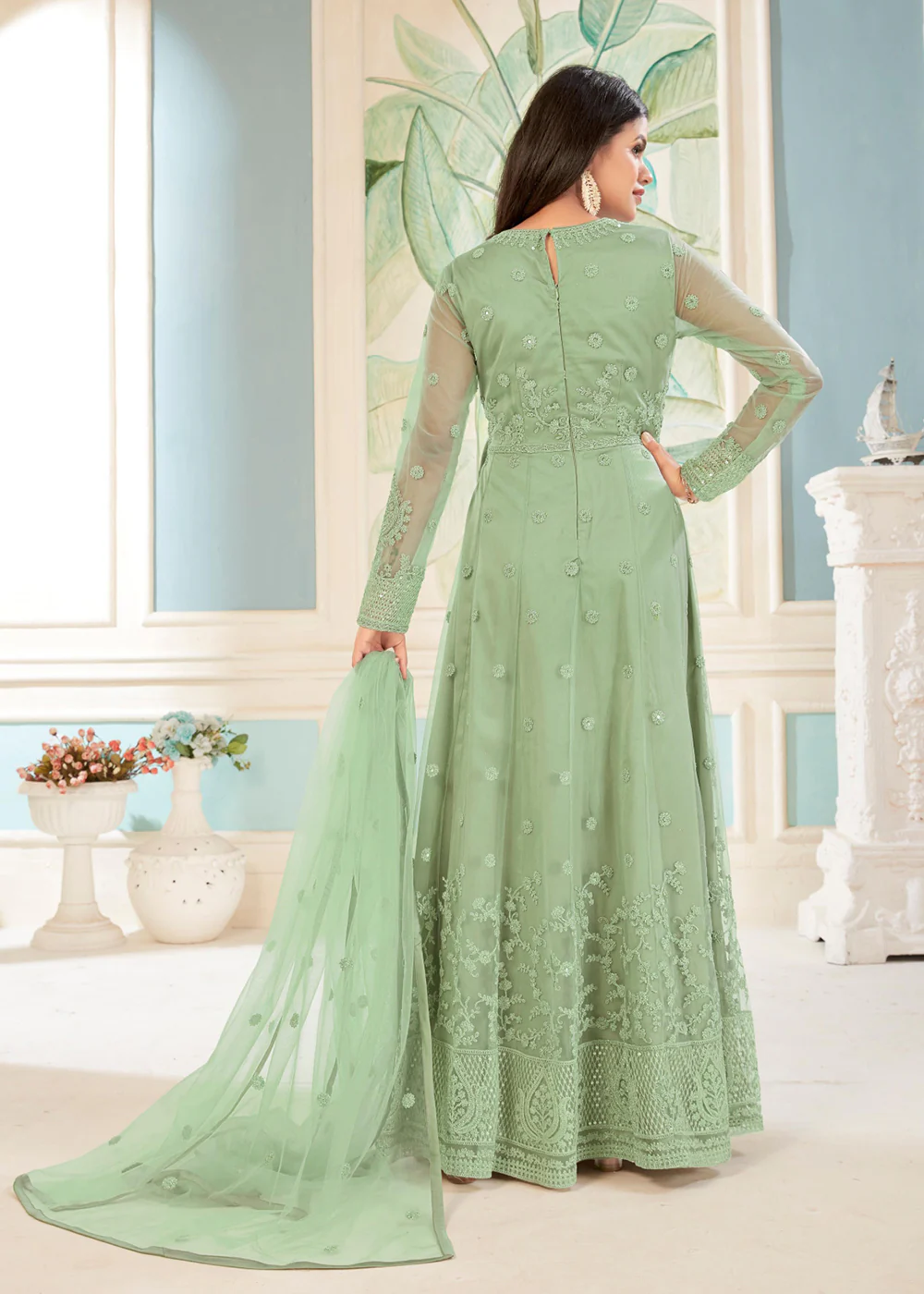 Charming Green Sequins Embroidered Wedding Wear Anarkali Suit - Image 3