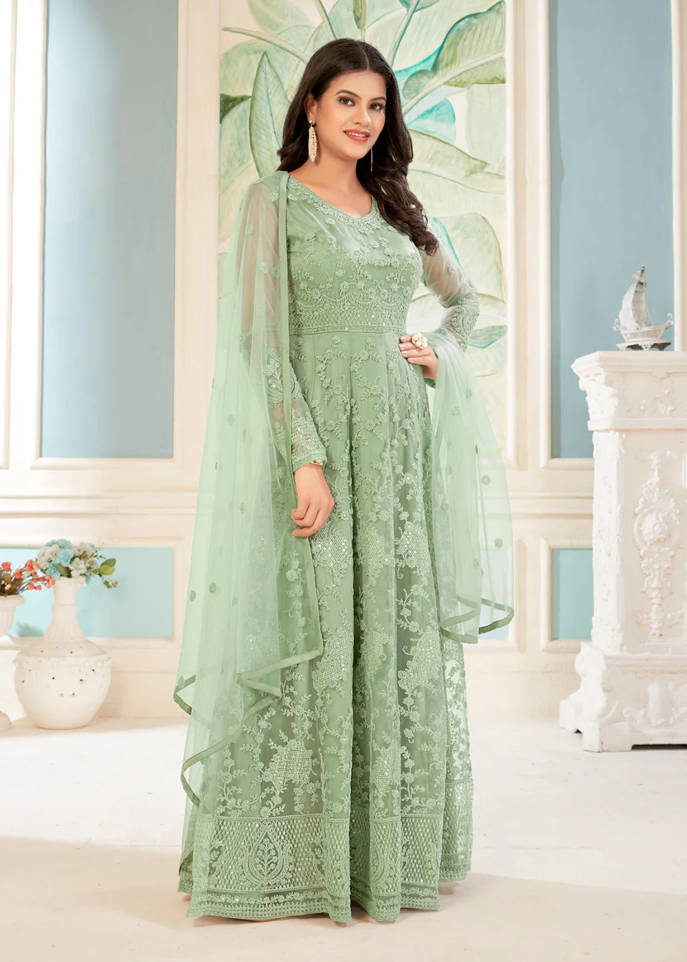 Charming Green Sequins Embroidered Wedding Wear Anarkali Suit - Image 4