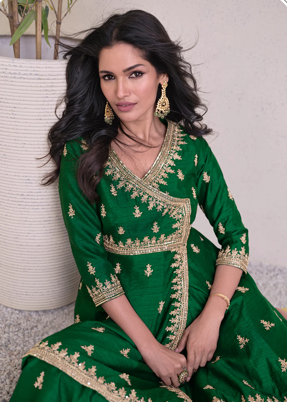 Charming Green Silk Embroidered Festive Palazzo Suit - Image 2