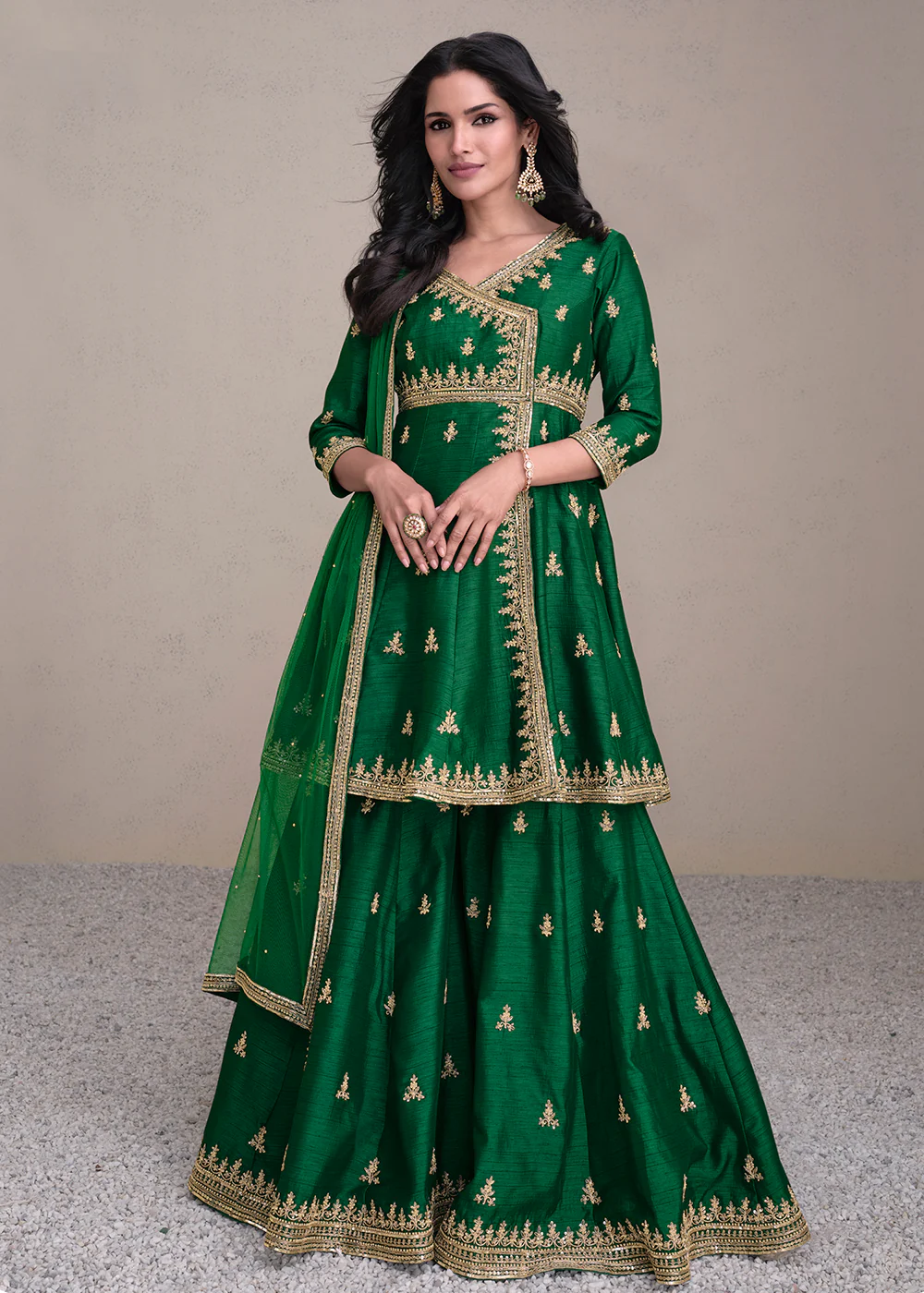 Charming Green Silk Embroidered Festive Palazzo Suit - Image 3