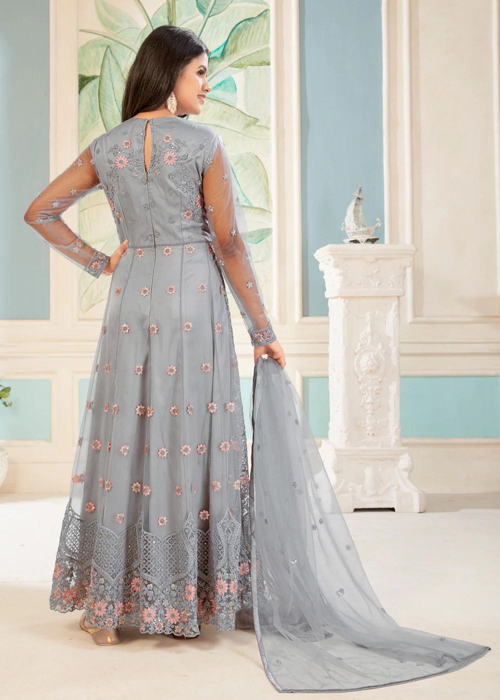 Charming Grey Floral Embroidered Wedding Wear Anarkali Suit - Image 3
