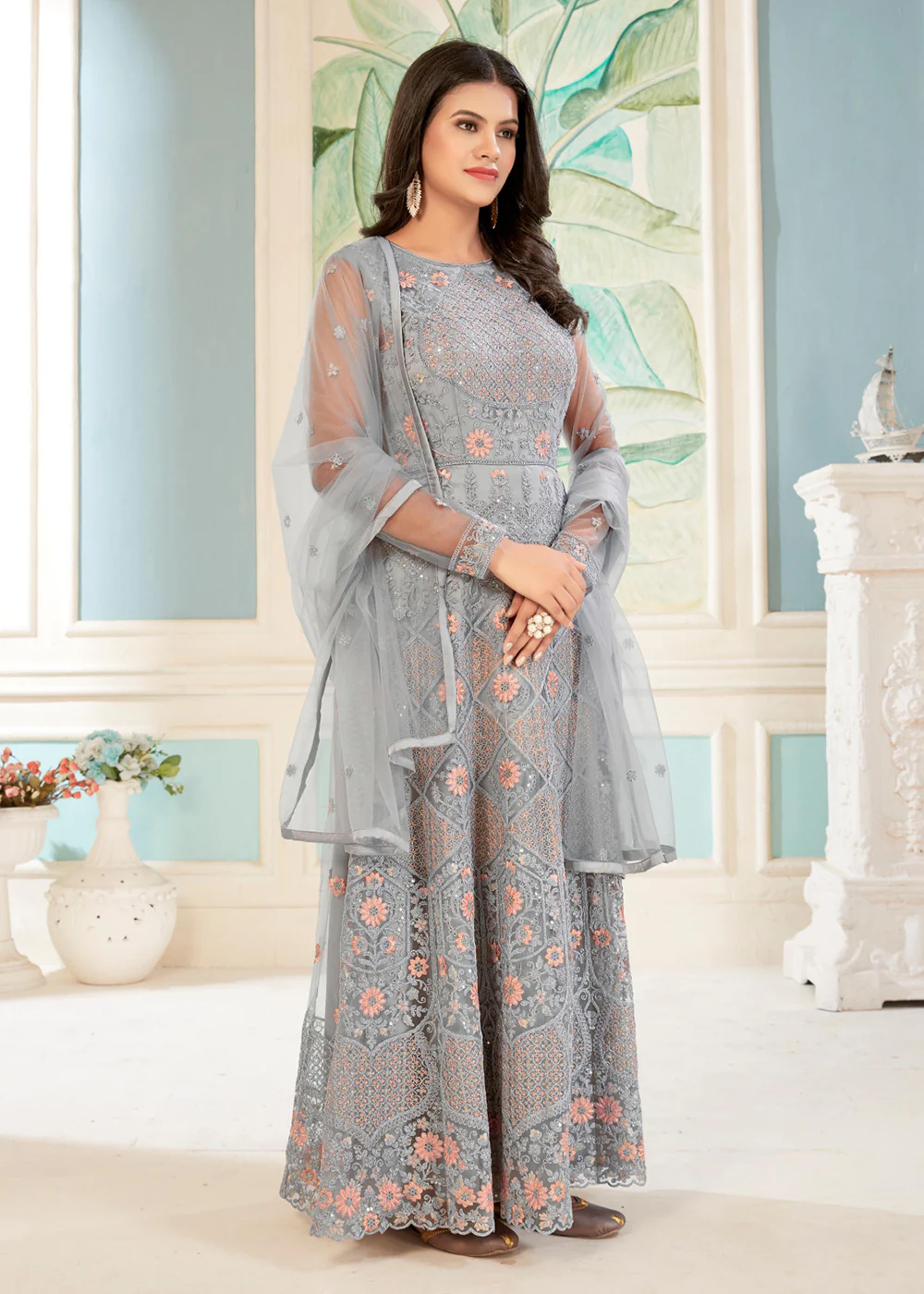 Charming Grey Floral Embroidered Wedding Wear Anarkali Suit - Image 4