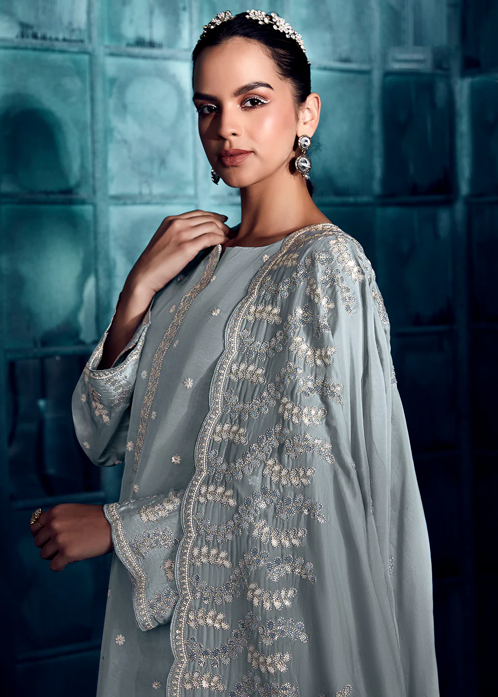Charming Grey Modale Silk Embroidered Festive Salwar Suit - Image 2